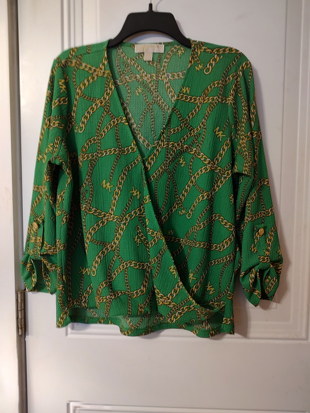 Michael Kors Green Chain-Print Wrap Blouse